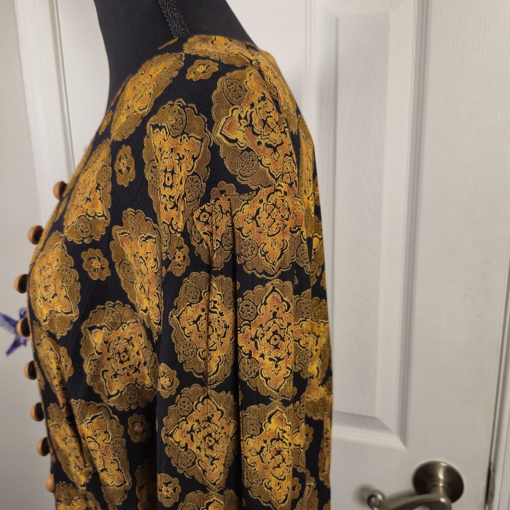 Vintage MSXY Gold Tapestry Blouse Black Metallic Geometric Circle Print Top L - Picture 4 of 6